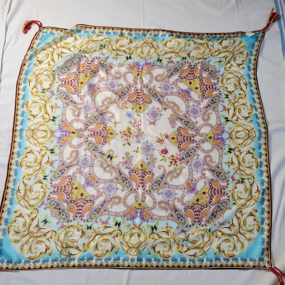 Johnny Was 100% Silk Square Scarf Scroll Tassels 43x42 Blue Gold New With‎ Tags